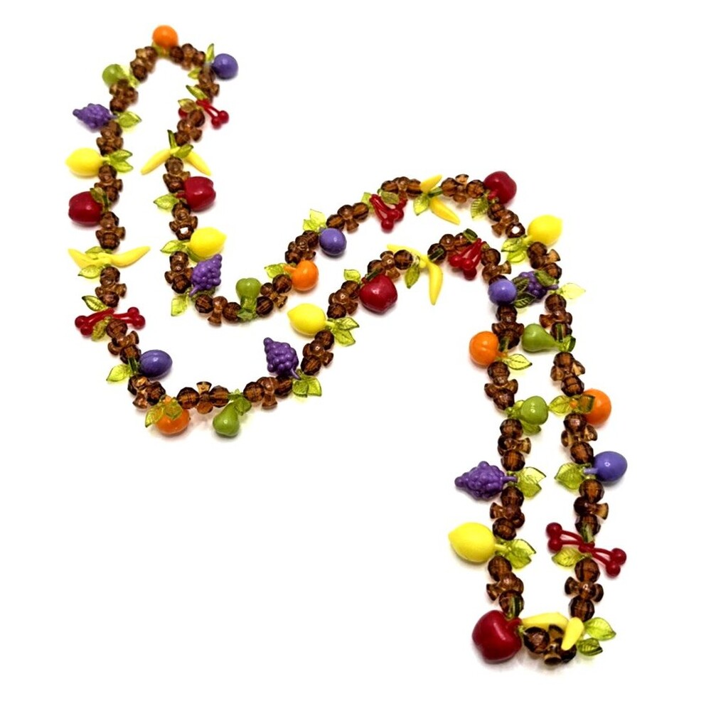Vintage Fruit Salad Necklace Lucite Grapes Cherries Bananas Lemons Oranges 34"